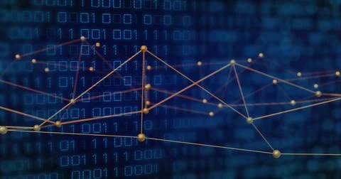 Displaying network graph over deep blue field of binary digits, featuring gold 스톡 사진