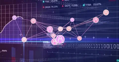 Displaying network graph of pink user icons interconnecting on data dashboard, Illustrazione stock