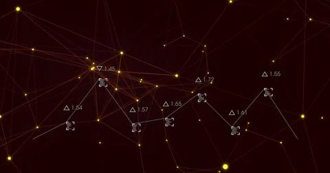 Displaying network graph pulsing on maroon canvas, with glowing yellow nodes, Stock Illustration