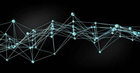 Displaying network graph spanning dark gradient backdrop, showing blue-green  Stock Illustration