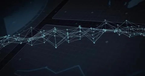 Displaying network graph spanning digital screen, with nodes, mesh lines, glo Foto stock