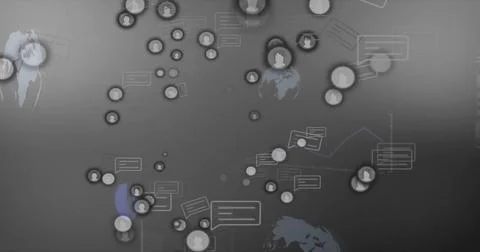 Displaying network graphic on dark gray canvas, with circular user avatar icons Stock Photos
