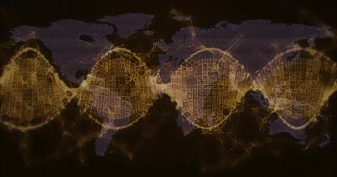 Displaying network grid map forming glowing amber nodes on dark screen, with Illustrazione stock