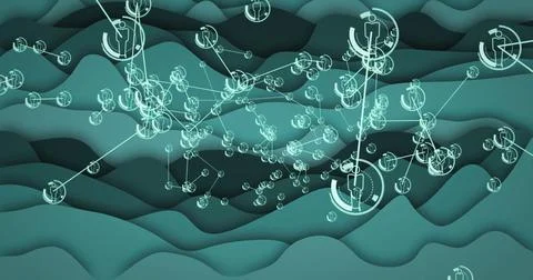 Displaying network of human-icon nodes linking via glowing lines in digital Stock Illustration