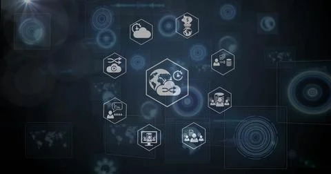 Displaying network interface on bluish-gray backdrop with central globe sync Stock Photos