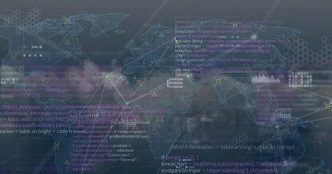 Displaying network interface in digital dashboard, highlighting world map, Stock Photos