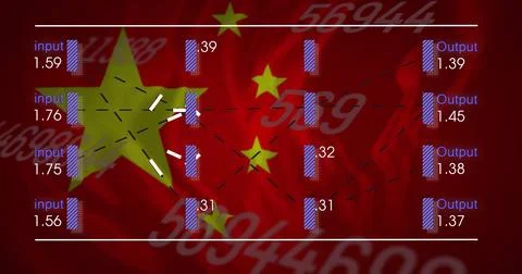 Displaying network layers at red flag background, with input or output charts, Foto stock
