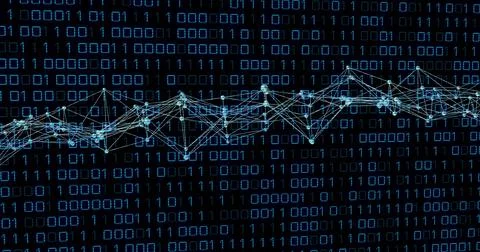 Displaying network lines linking glowing nodes across dark code backdrop, wit Stock Photos
