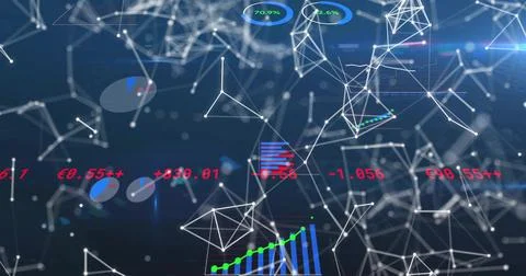 Displaying network linking white nodes with glowing wireframe in interface with 스톡 사진