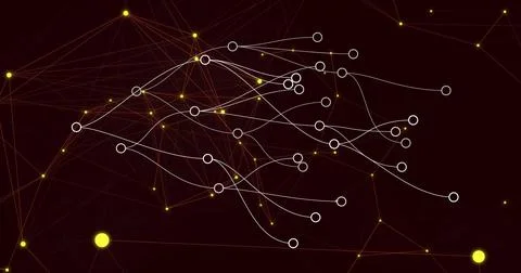 Displaying network linking white nodes in dark burgundy with glowing yellow Stock Photos