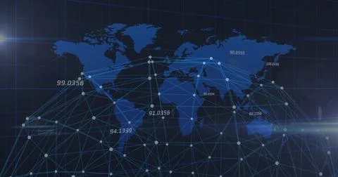 Displaying network map on dashboard, with white nodes, blue lines, data labels, Stock Photos