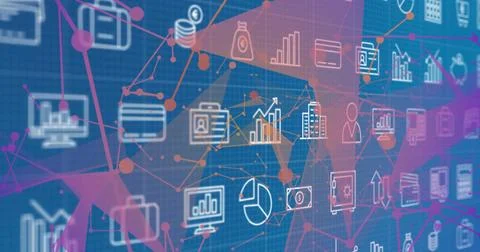 Displaying network nodes on blue grid interface, featuring white financial and Illustrazione stock
