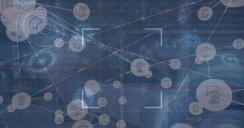 Displaying network nodes linked by lines on grid, with map outlines, data Stock Photos