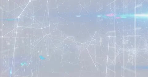 Displaying network over grey field with nodes and lines, glowing dots, vertical Foto stock