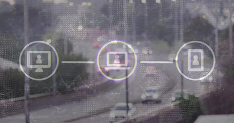 Displaying network overlay on highway scene, with dot matrix and monitor laptop Stock Photos