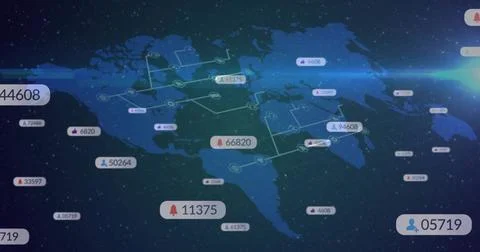 Displaying network overlay on navy world map, glowing lines, data labels with Stock Photos