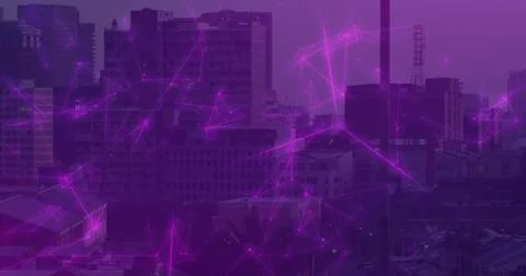 Displaying network overlay streaming across city skyline at dusk, with towers, Stock Photos