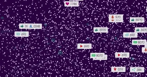Displaying network on purple canvas with connected hexagonal nodes, floating 库存插图