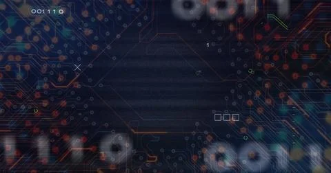 Displaying network on screen, with glowing circuits, hexagon outlines, nodes and Stock Photos
