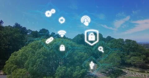 Displaying network security icons floating above forested ridge, blending Stockfoto's