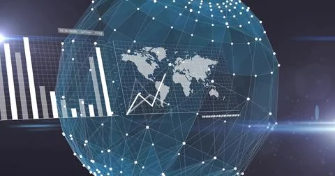 Displaying network sphere with connections, map, line and bar charts and lens Stock Illustration
