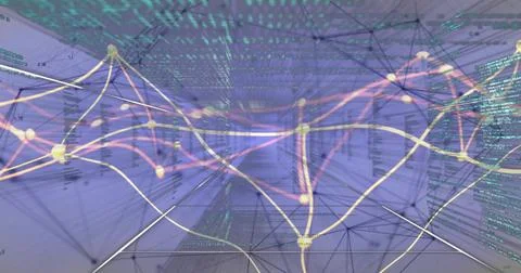 Displaying network structure weaving across virtual 3D space, with glowing nodes Stock Photos