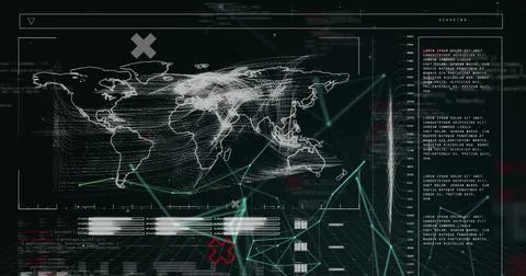 Displaying network traffic on wireframe world map in simulated dashboard, with Stock Photos