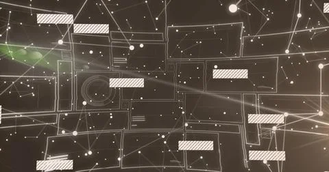 Displaying network of translucent panels in virtual interface, with white nodes, 库存插图