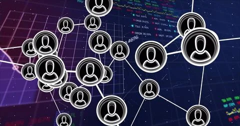 Displaying network visualization connecting user icons over digital grid, with Stock Photos