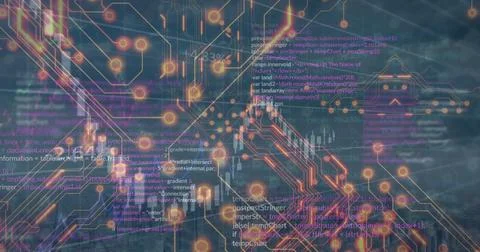 Displaying network visualization with glowing nodes and circuit lines on dark Stockillustratie