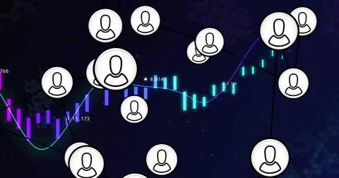 Displaying network of white avatar icons connecting over candlestick chart, with Stock Illustration