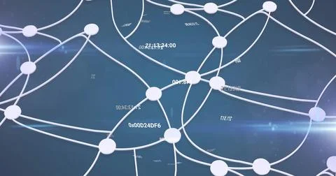 Displaying network with white circular nodes linked by lines in digital Foto stock