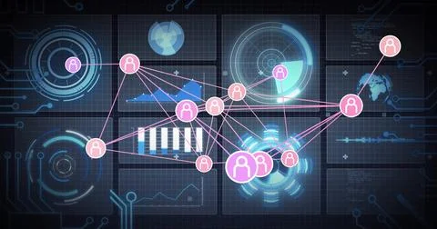Displaying networked user silhouettes connecting across dashboard, with data 스톡 사진