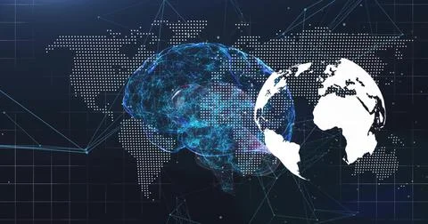 Displaying neural network brain glowing lines in digital space, with dotted w Stock Illustration