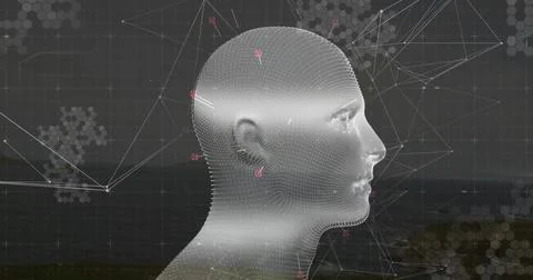 Displaying neutral 3D point cloud head in right profile at dusk coast, with Stock Illustration