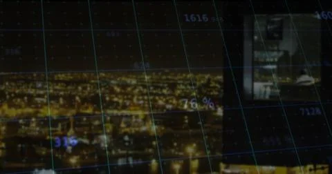 Displaying nighttime riverfront skyline through data grid overlay, with computer Stock Illustration
