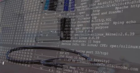Displaying Nmap port scan overlay on screen at workstation, with laptop keyboard Stock Illustration