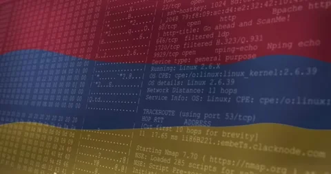 Displaying Nmap traceroute console output across tricolor wave stripes with Stock Footage 328015864