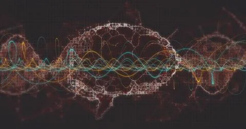 Displaying node-and-edge network glowing over dark grid, with colorful sine-wave Stock Photos