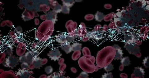 Displaying node mesh weaving through microscopic blood, with red blood cells and Stockillustratie