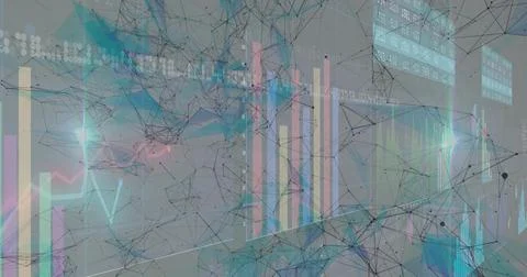 Displaying node network with translucent bars and line graphs in virtual space, Stock Illustration