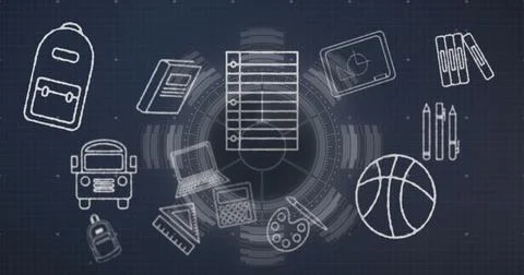 Displaying notebook paper icon floating over grid interface, with school and Stock Photos