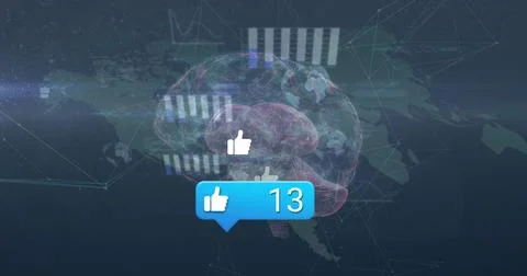 Displaying notification bubble showing thirteen likes floating over map screen, Stock Photos