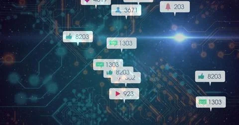 Displaying notification bubbles on circuit board showing icons with counts 8203 Illustrazione stock