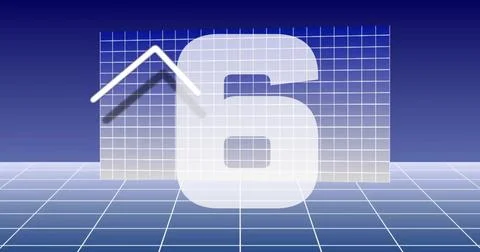 Displaying numeral 6 hovering centered on tiled grid floor in 3D studio, Ilustración de archivo