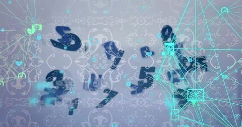Displaying numeric array hovering across virtual space, with neon cyan nodes and Foto stock