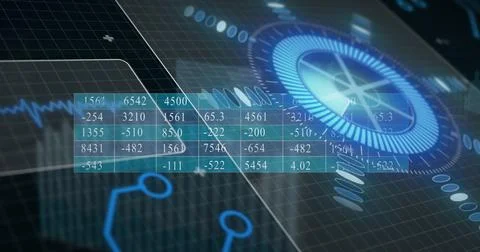 Displaying numeric data table with circular HUD gauge and waveform trace in Stock Photos