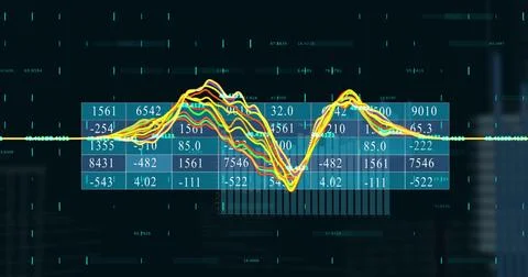 Displaying numeric table, colorful waveforms, faint bar chart columns and data Foto stock