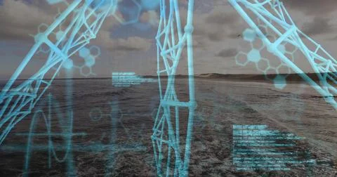 Displaying ocean wake moving toward right coastline at sea, showing cyan Stock Photos