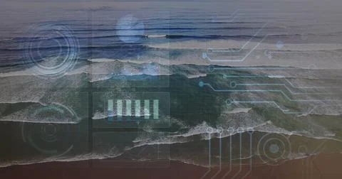 Displaying ocean wave patterns rolling toward shoreline, with semi-transparent Stock Photos